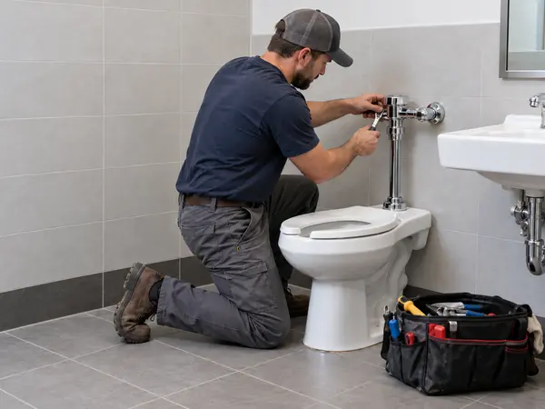Plumber repairing a residential bathroom fixture