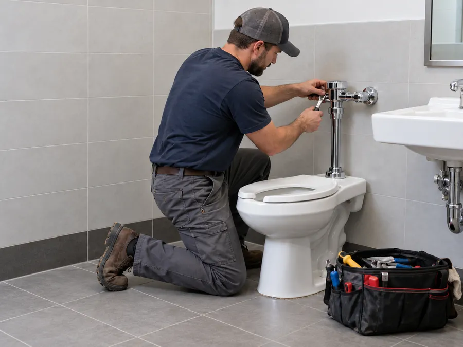 Plumber repairing a residential bathroom fixture