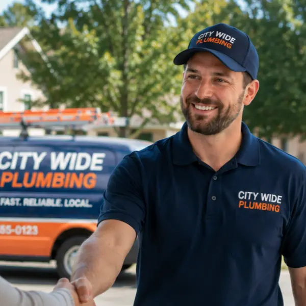 Plumber using a phone while serving a customer