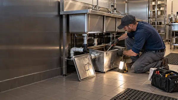 Plumber repairing equipment beneath a commercial kitchen sink