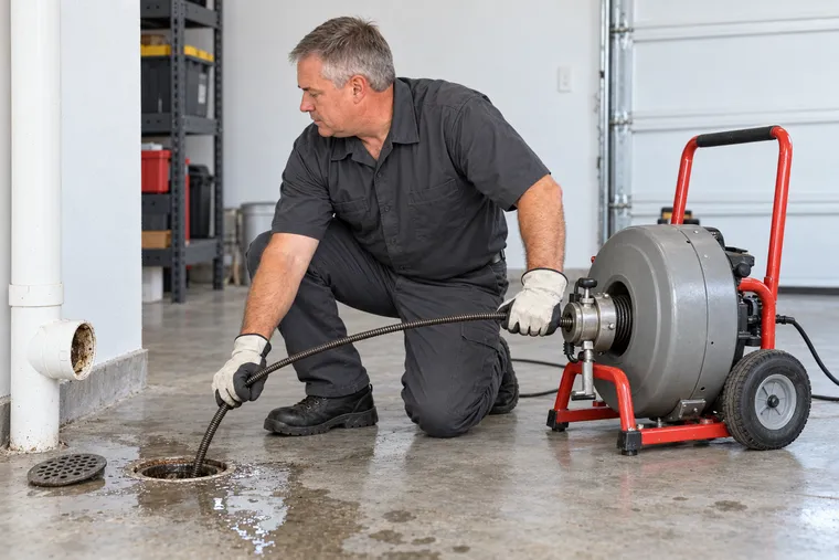 Plumber clearing a stubborn floor drain with a cable machine