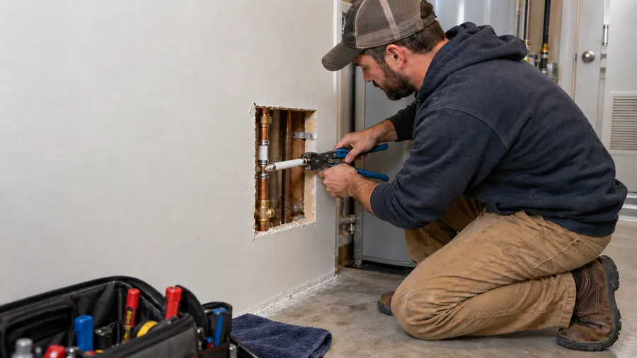Plumber repairing plumbing lines through an interior wall