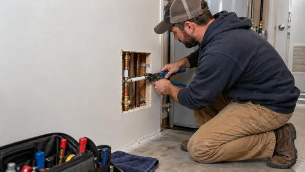 Plumber repairing plumbing lines through an interior wall