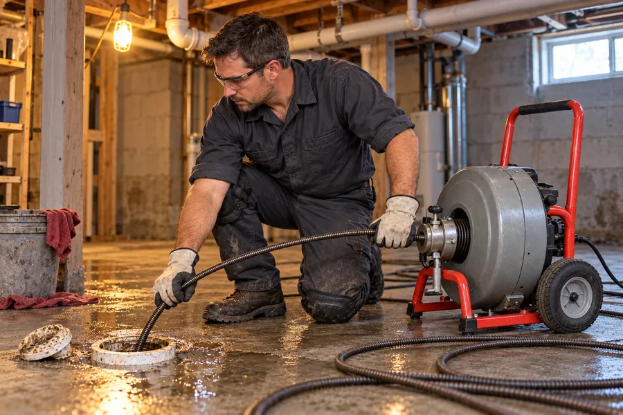 Plumber operating sewer cable equipment