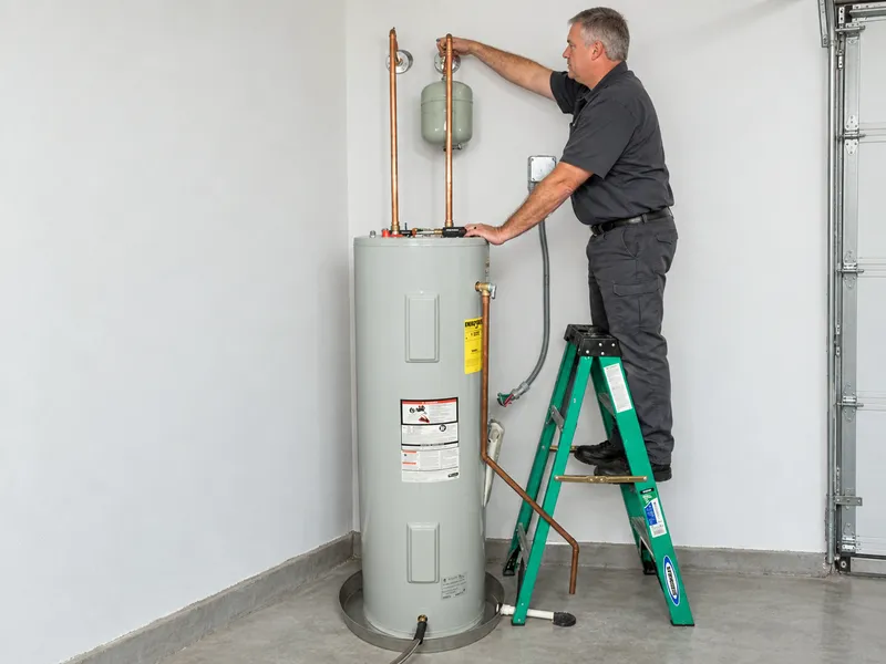 Plumber servicing a water heater in a residential garage